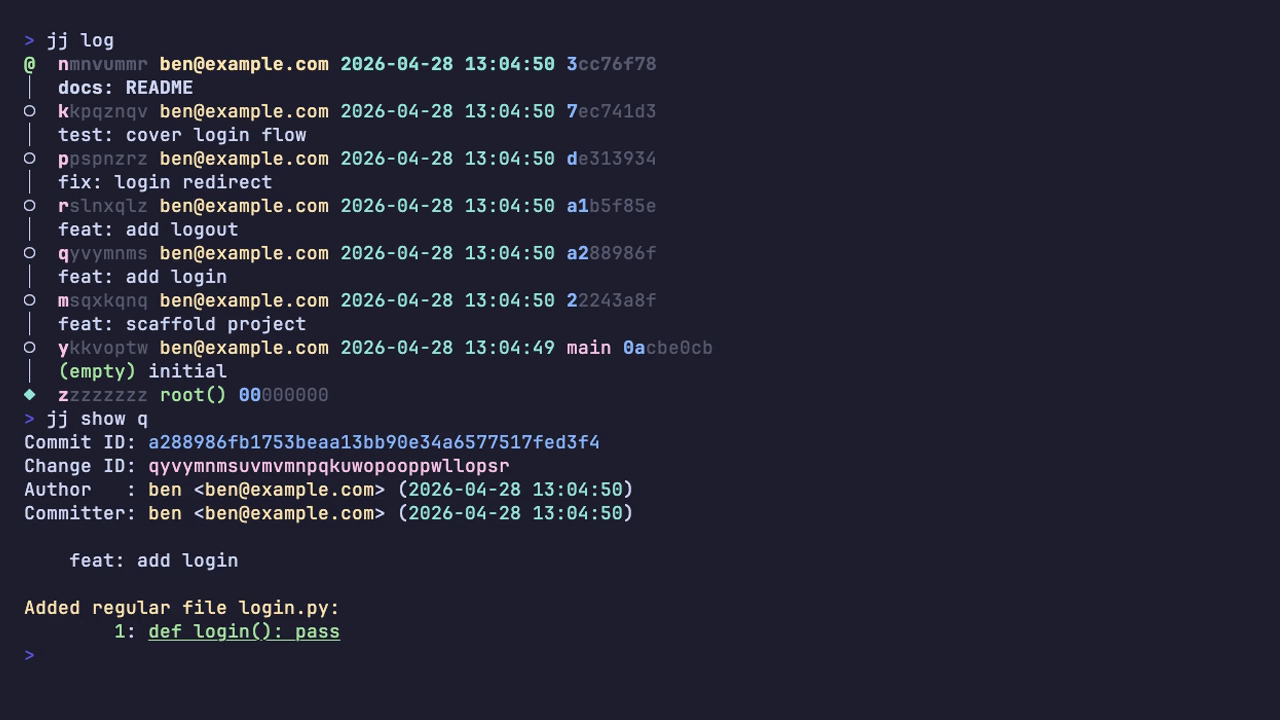 jj log showing colour-highlighted change ID prefixes, then jj show q using a one-character prefix to resolve to the full commit