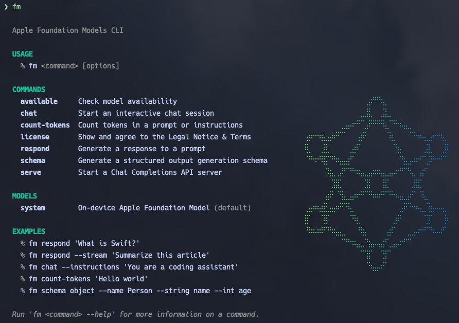 Output of running fm with no arguments: the Apple Foundation Models CLI help, listing the available, chat, count-tokens, license, respond, schema and serve commands, the single system model, and five example invocations, alongside a braille-art Foundation Models logo